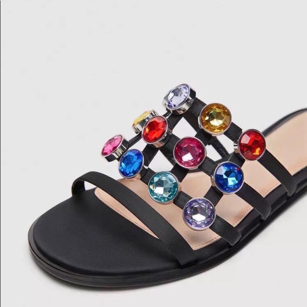 Zara multi color jewel flat sandals. Worn twice, in like new condition! - Picture 2 of 4